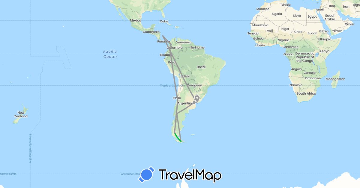 TravelMap itinerary: driving, bus, plane in Argentina, Chile, Colombia, Uruguay (South America)